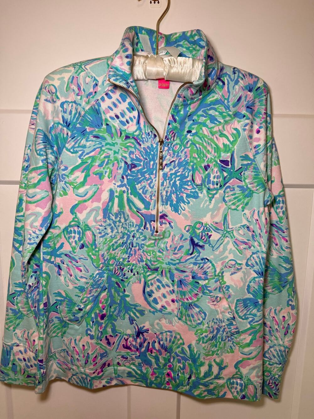 Lilly Pulitzer Quarter Zip Pullover XS Blue Pink Coastal Seashell Print